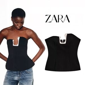 Zara Elegant Strapless Asymmetrical Black Top with Silver Accent Sz M NWT